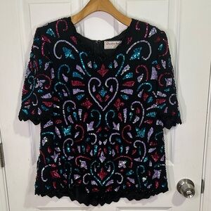 Vintage Multicolor Black Sequin Top Size M (see measurements)